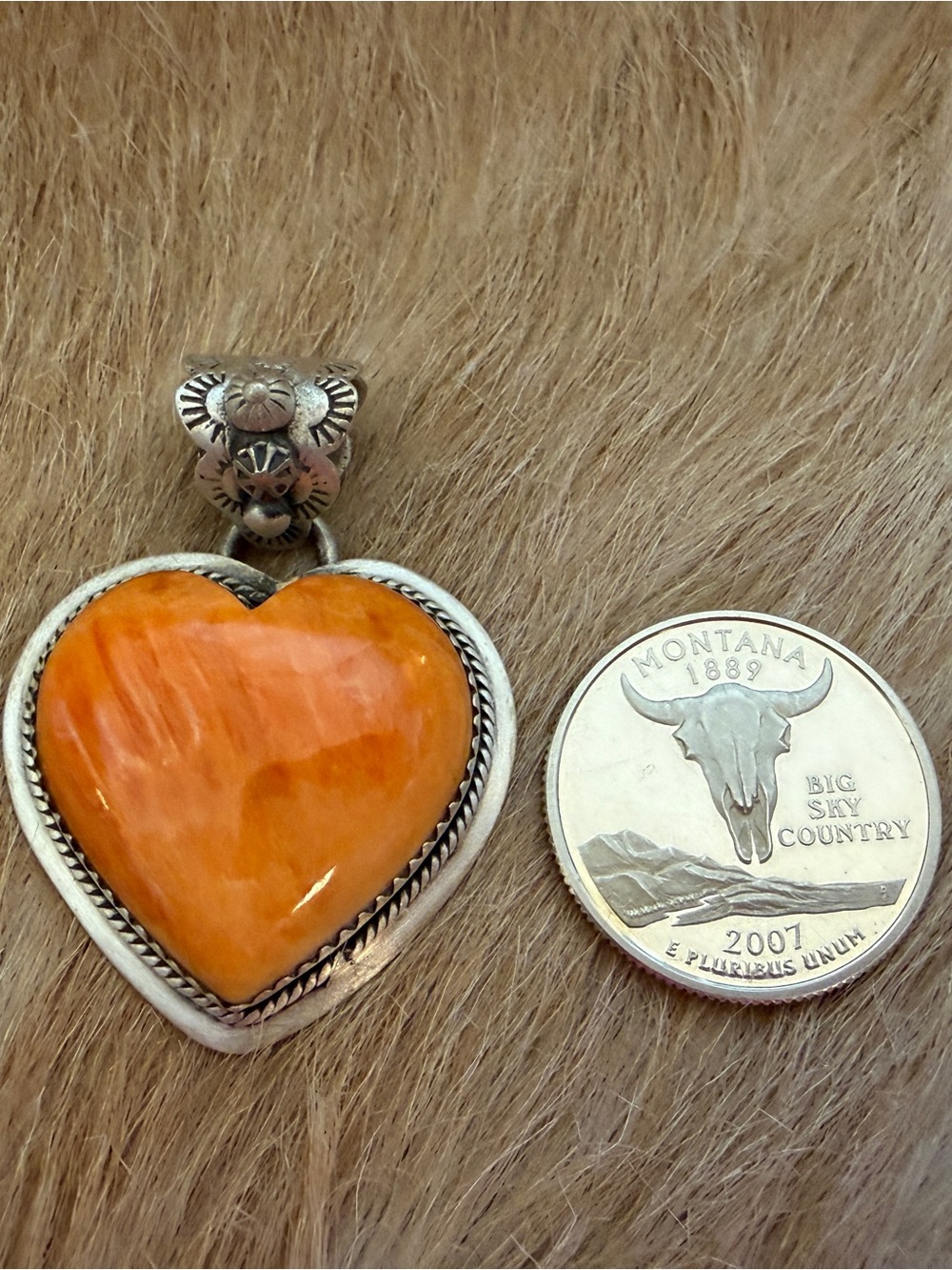 ❤️ Navajo Made Spiny Oyster Statement Puffy Heart Sterling Silver Pendant 16.4G - Picture 9 of 17